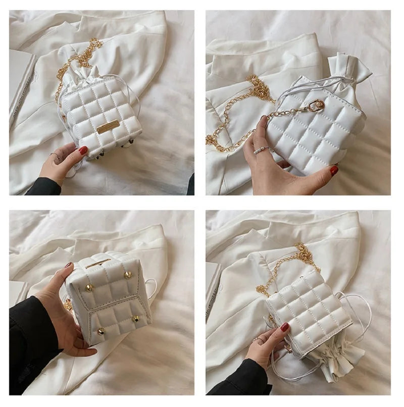 Texture Simple Checker Drawstring Crossbody Bag
