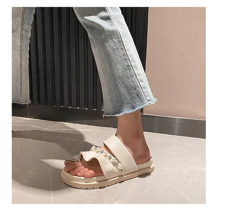 pearl rivets thick bottom women slippers crystal beading flip flops lace band platform sandalias mujer pearl slides big size 43