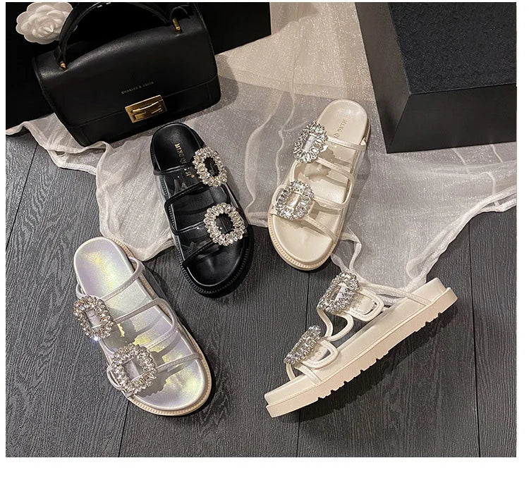 pearl rivets thick bottom women slippers crystal beading flip flops lace band platform sandalias mujer pearl slides big size 43