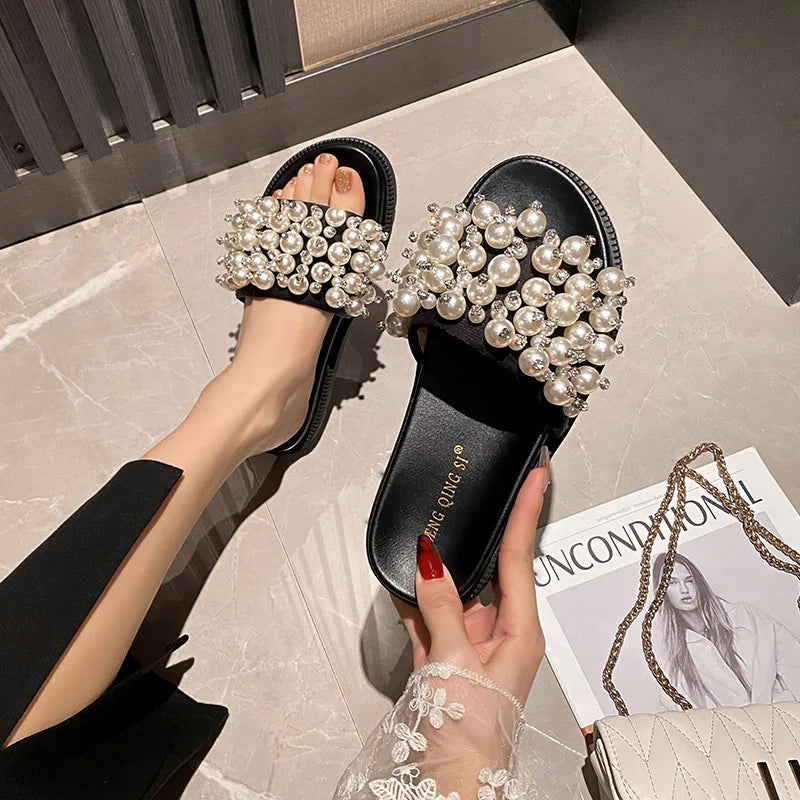pearl rivets thick bottom women slippers crystal beading flip flops lace band platform sandalias mujer pearl slides big size 43