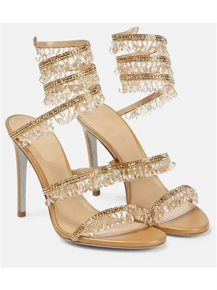 2025 Women's New Rhinestone Sandals Fashion Tassel Crystal Shoes Sexy Nightclub Banquet Party Twining Stiletto Women's Sandals