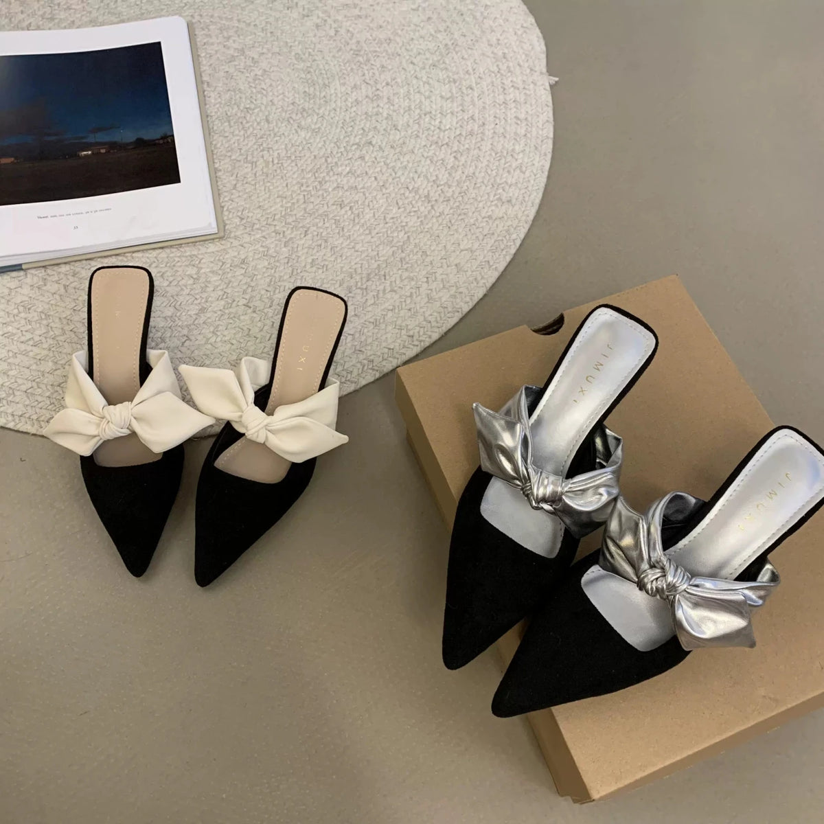 2024 Summer Women Pointed Toe High Heels Sandals Bowknot Fashion Flower Woman Shoes Slingback Woman Slippers