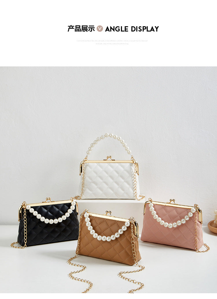 New Fashion Versatile Lingge Embroidery Clip Chain Strap Crossbody Mobile Phone Bag Pearl Handheld Women's Bag
