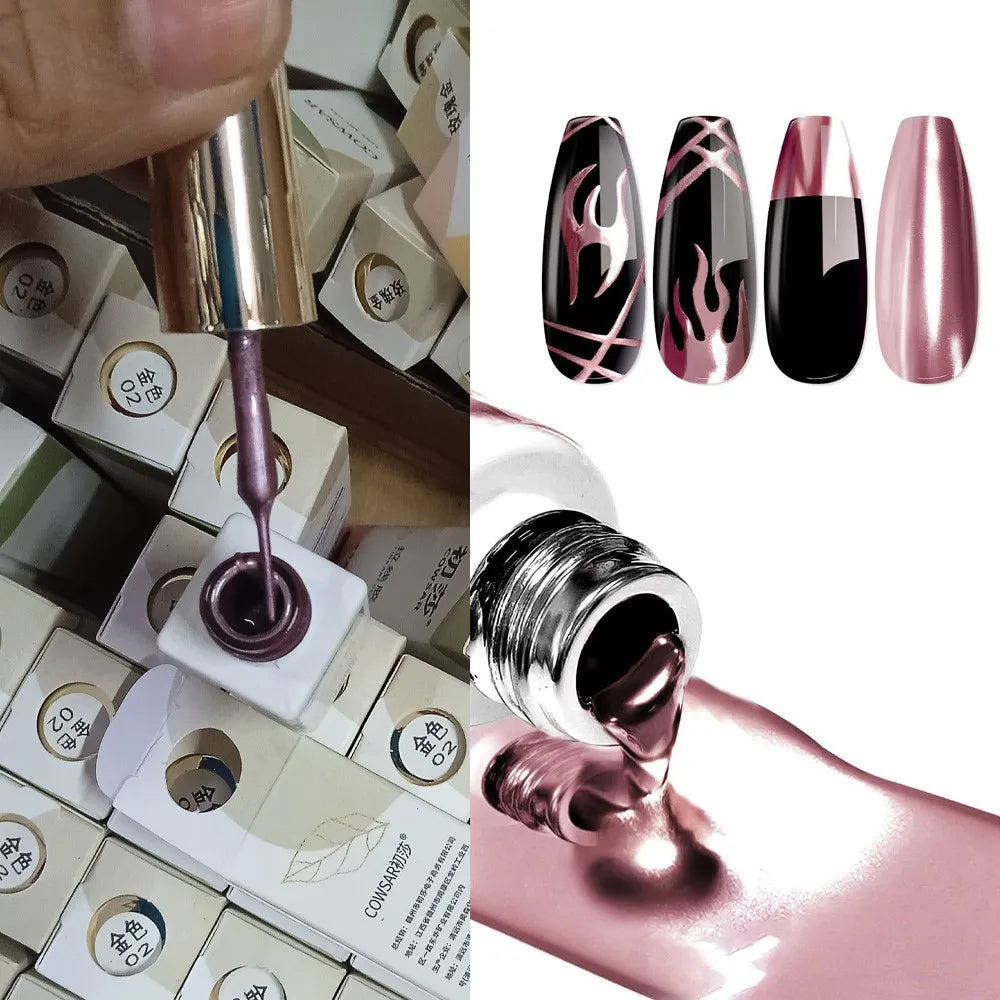 10ML Metallic Painting Line Gel High Gloss 3D Chrome Liner Nail Art Polish Rose/Gold/Silver Mirror Effect Paint Drawing Nail Gel