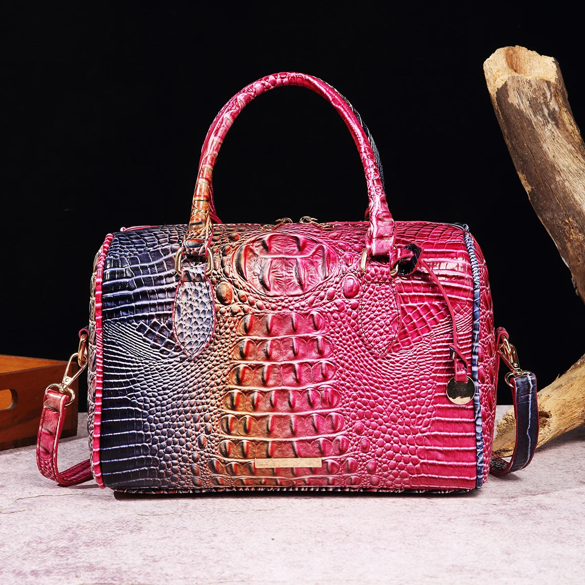 Ombre Crocodile Embossed Boston Handbag Classic Style Crossbody Bag Women's Leather Satchel Purse