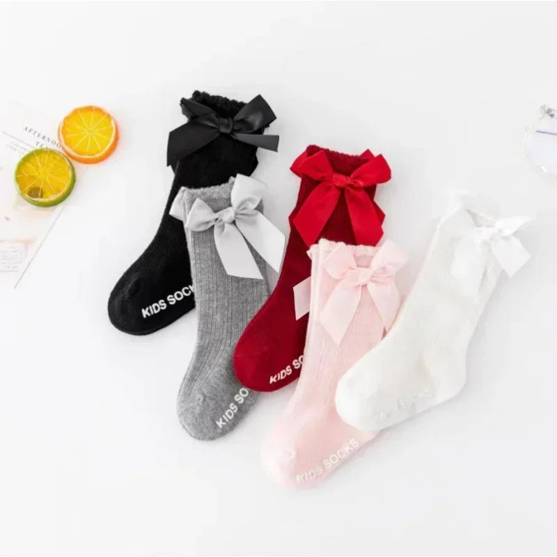 Red Bow Tie Knee High Tube Socks Girls' Christmas Stockings Infants Toddlers Soft Cotton Children Non Slip Floor Socks Baby Gift