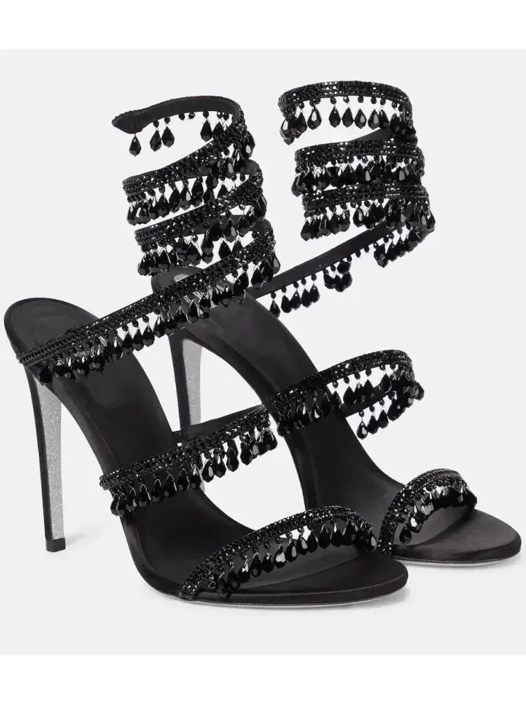 2025 Women's New Rhinestone Sandals Fashion Tassel Crystal Shoes Sexy Nightclub Banquet Party Twining Stiletto Women's Sandals