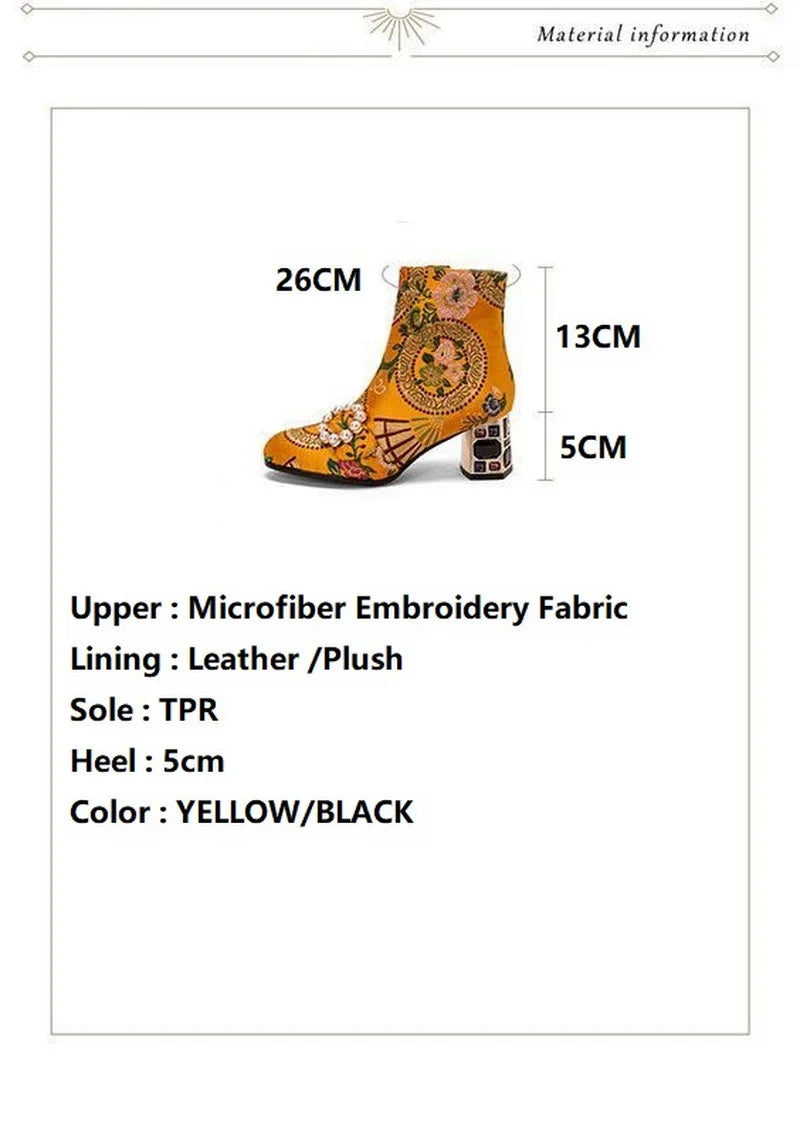 FHC New Chinese Style Women Ankle Boots,Fashion Embroidery Winter Shoes,High Heels Short Botas,Pointed Toe,Black,Yellow,Dropship