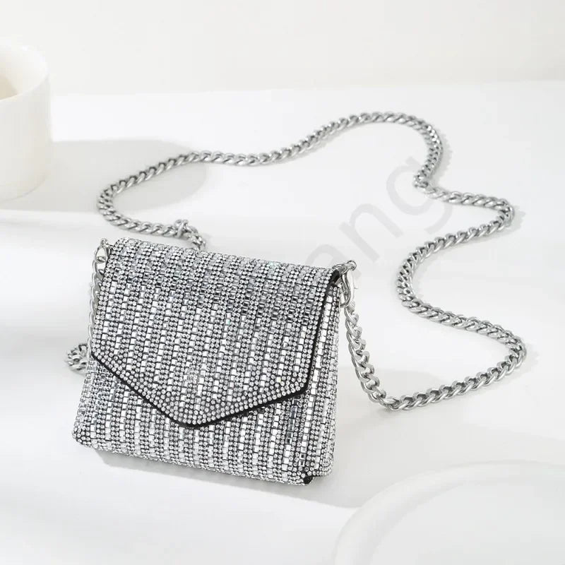 Female Bling Chain Crossbody Bag Ladies Mini Rhinestone Small Envelop Shoulder Purse Full Diamond Messenger Evening Bag