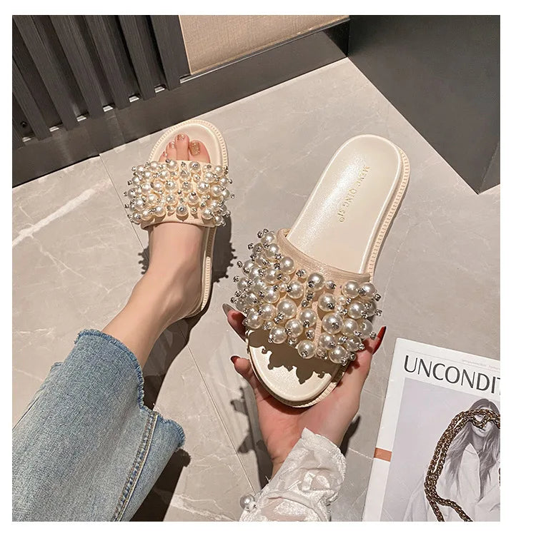 pearl rivets thick bottom women slippers crystal beading flip flops lace band platform sandalias mujer pearl slides big size 43