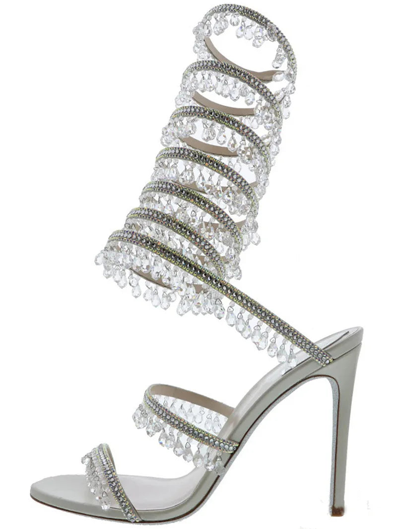 2025 Women's New Rhinestone Sandals Fashion Tassel Crystal Shoes Sexy Nightclub Banquet Party Twining Stiletto Women's Sandals