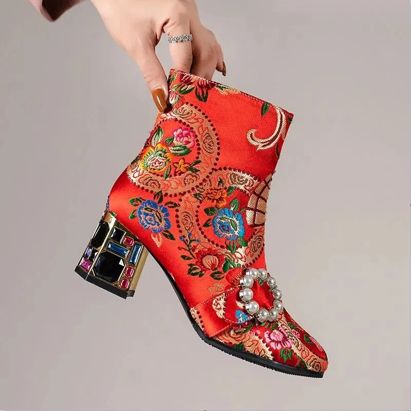 FHC New Chinese Style Women Ankle Boots,Fashion Embroidery Winter Shoes,High Heels Short Botas,Pointed Toe,Black,Yellow,Dropship