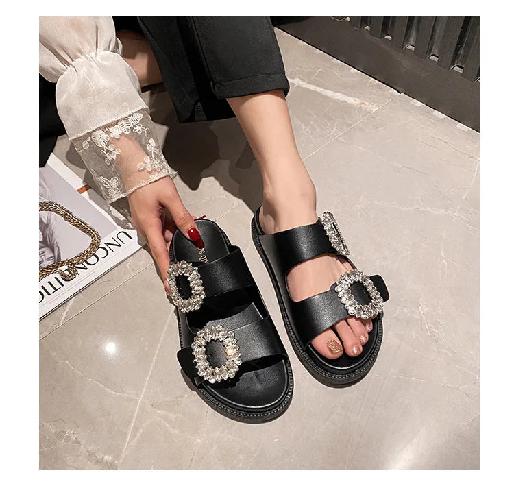 pearl rivets thick bottom women slippers crystal beading flip flops lace band platform sandalias mujer pearl slides big size 43