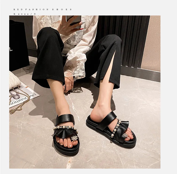 pearl rivets thick bottom women slippers crystal beading flip flops lace band platform sandalias mujer pearl slides big size 43