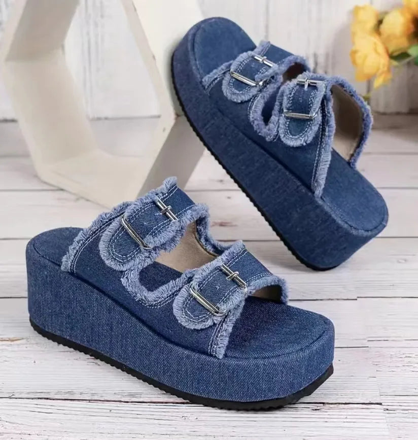 Cowboy Wedges Slippers Shoes Women High Heels Platform Sandals Buckle Flip Flops 2024 Summer Fashion Pumps Zapatos Mujer Slides