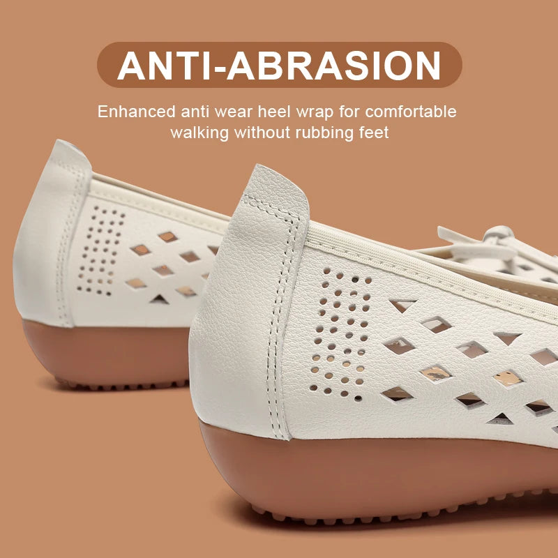 Summer Slip-on Shoes Flat Hollow Comfortable Woman Shoes Genuine Leather Soft Bottom White Breathable Mule Women's Moccasins 41