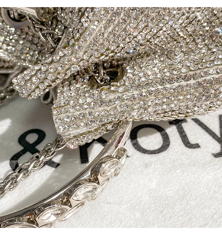 Rhinestones Diamond Evening Clutch Bag Luxury Designer Metal Ring Women's Handbag Wedding Party Bling Bucket Purse Shoulder Bag
