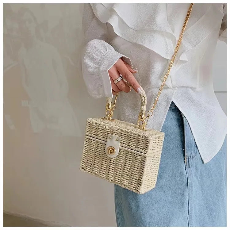 New rattan black straw Shoulder Bag Women hand-woven Messenger Bag Summer Beach Square box Straw Handbag For lady Bolsa Feminina