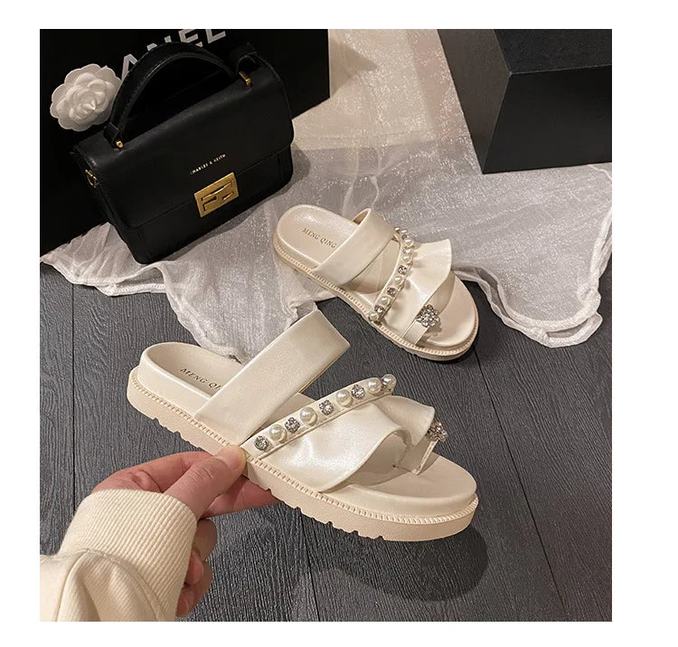 pearl rivets thick bottom women slippers crystal beading flip flops lace band platform sandalias mujer pearl slides big size 43