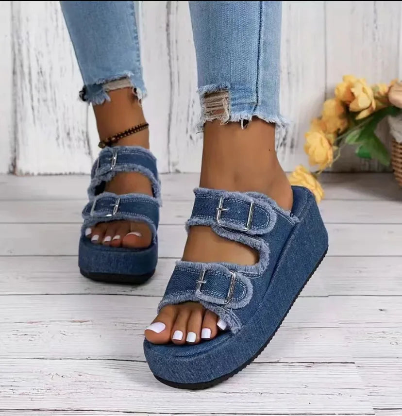 Cowboy Wedges Slippers Shoes Women High Heels Platform Sandals Buckle Flip Flops 2024 Summer Fashion Pumps Zapatos Mujer Slides