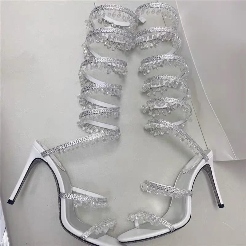 2025 Women's New Rhinestone Sandals Fashion Tassel Crystal Shoes Sexy Nightclub Banquet Party Twining Stiletto Women's Sandals
