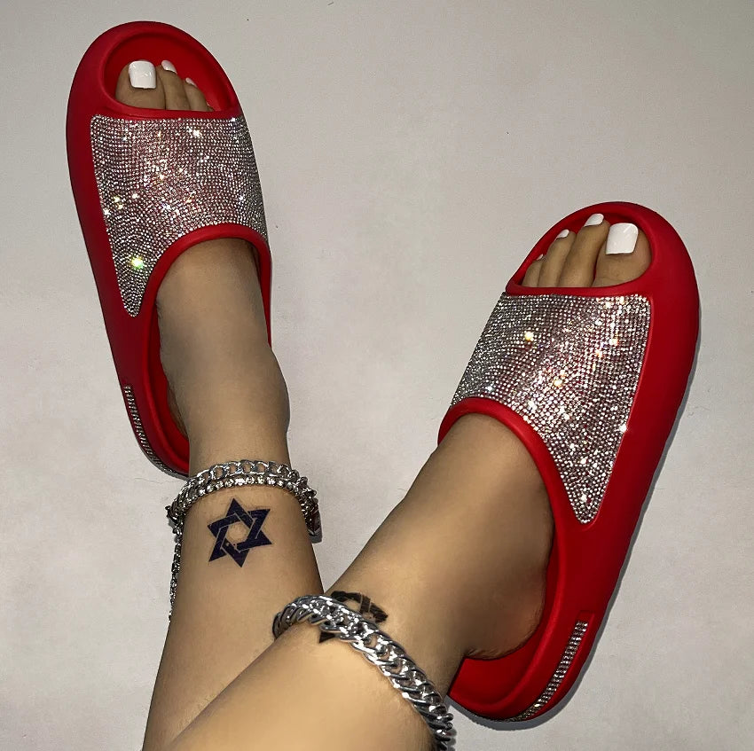 2023 women's/men new women's shoes with diamond face, thin flash thick bottom slippers sandals outdoor beach slippers 36-45