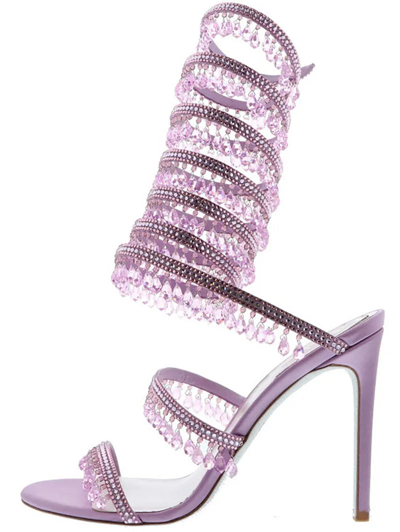 2025 Women's New Rhinestone Sandals Fashion Tassel Crystal Shoes Sexy Nightclub Banquet Party Twining Stiletto Women's Sandals