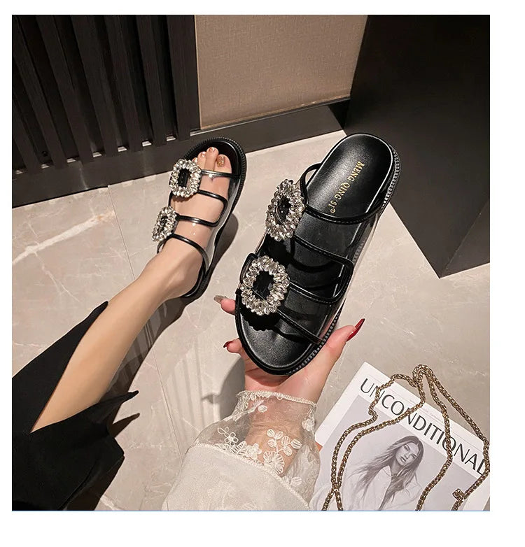 pearl rivets thick bottom women slippers crystal beading flip flops lace band platform sandalias mujer pearl slides big size 43