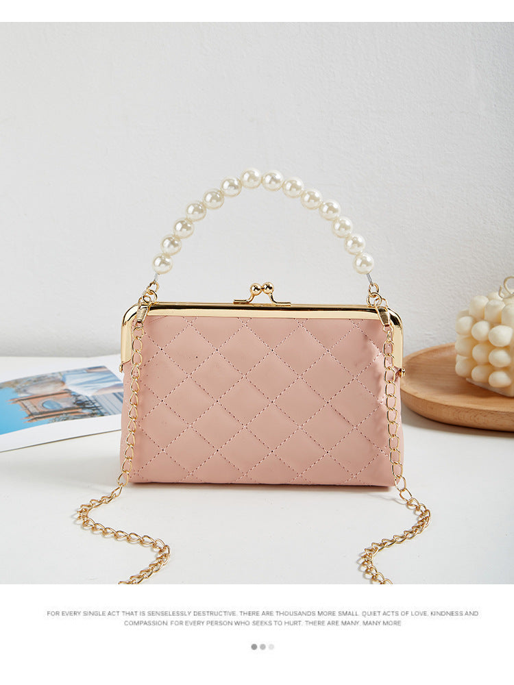 New Fashion Versatile Lingge Embroidery Clip Chain Strap Crossbody Mobile Phone Bag Pearl Handheld Women's Bag