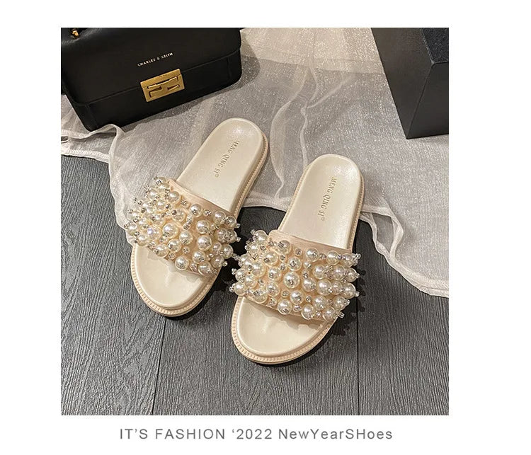 pearl rivets thick bottom women slippers crystal beading flip flops lace band platform sandalias mujer pearl slides big size 43