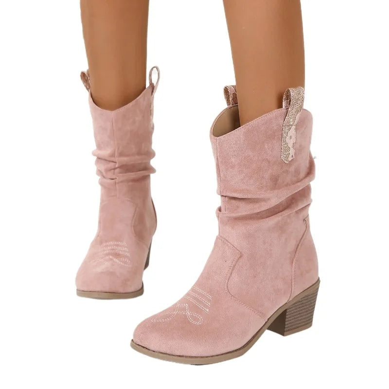 Square Heel Spring/autumn Modern Boots Mid-calf Round Toe Shoes Female 2024 High Quality Mid Heel Embroider Women's Boots