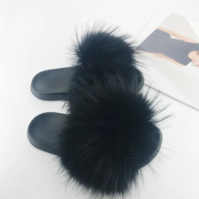 SARSALLYA Fur Slippers Women Real Fox Fur Slides Home Furry Flat Sandals Female Cute Fluffy House Shoes Woman Brand Luxury 2024