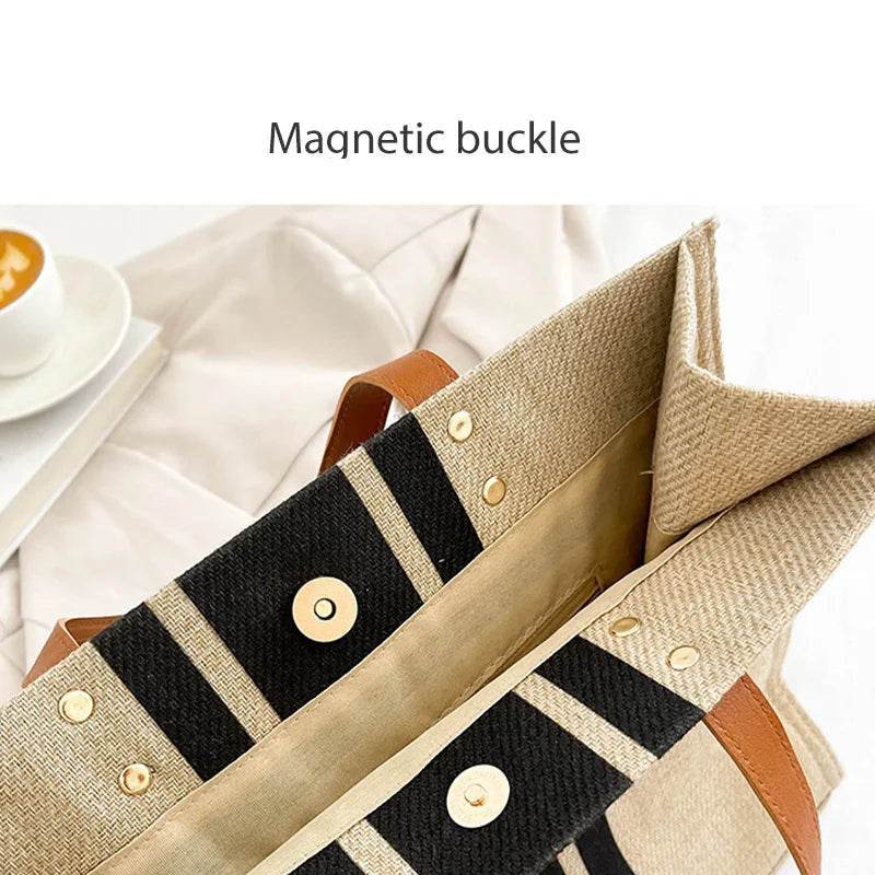 Simple Canvas Stripe Decor Bucket Handbags Women Top Handle Tote Bag Large Capacity Casual Shoulder Crossbody Bags