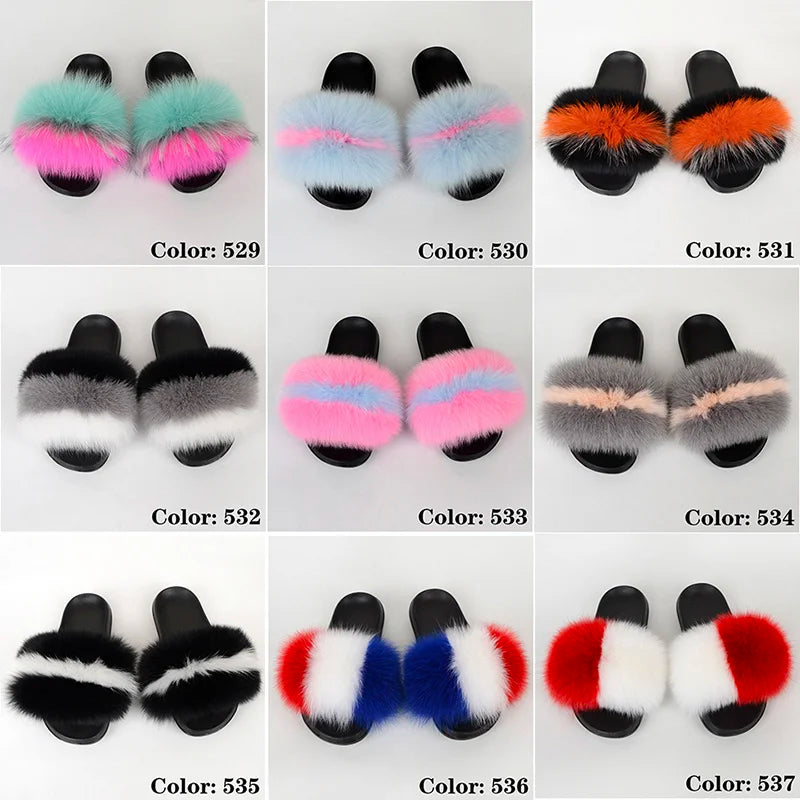 SARSALLYA Fur Slippers Women Real Fox Fur Slides Home Furry Flat Sandals Female Cute Fluffy House Shoes Woman Brand Luxury 2024