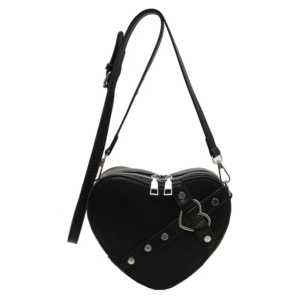 Vintage Y2K Small Chain Rivet Shoulder Bag Heart Shaped Purse Handbag Red PU Leather Gothic Tote Bag Fashion Women Crossbody Bag