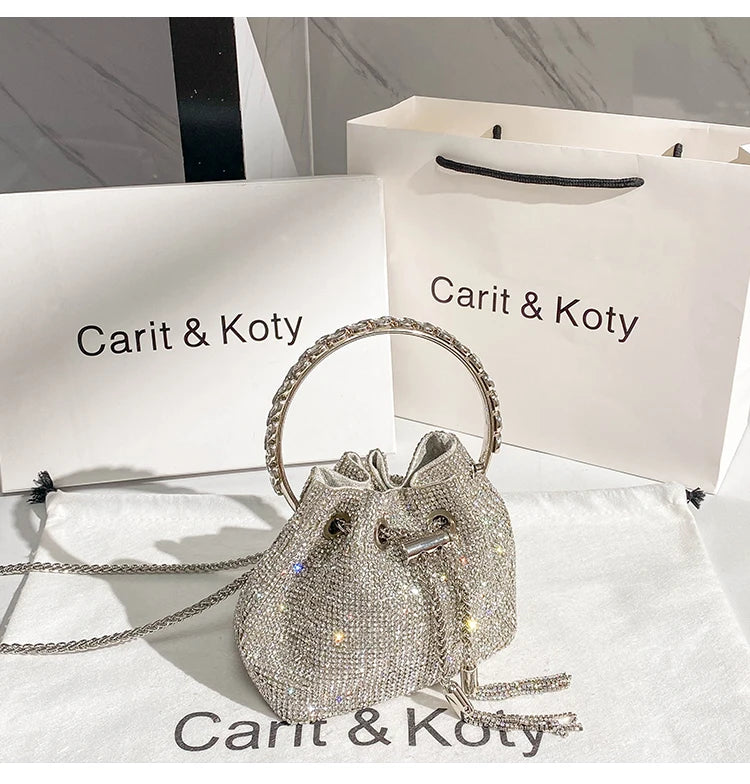 Rhinestones Diamond Evening Clutch Bag Luxury Designer Metal Ring Women's Handbag Wedding Party Bling Bucket Purse Shoulder Bag