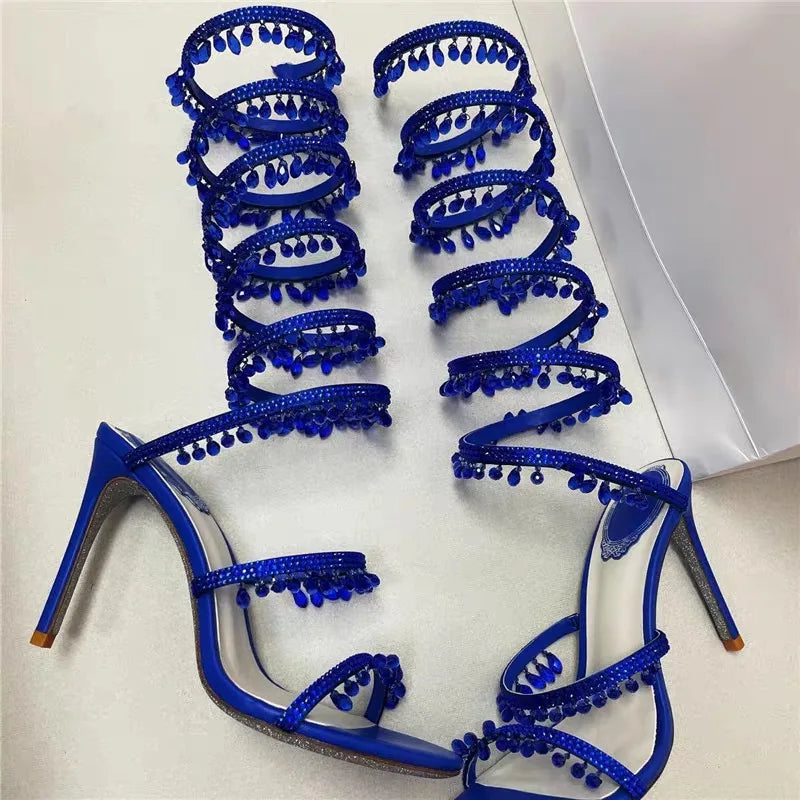 2025 Women's New Rhinestone Sandals Fashion Tassel Crystal Shoes Sexy Nightclub Banquet Party Twining Stiletto Women's Sandals