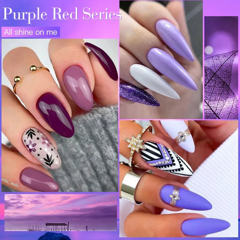 6Pcs/Set Purple Glitter Bright Gel Nail Polish Set Semi Permanent Spring Summer Colors Series Soak Off UV Nail Art Gel Varnish