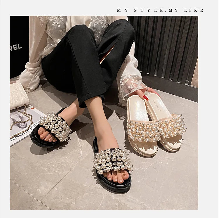 pearl rivets thick bottom women slippers crystal beading flip flops lace band platform sandalias mujer pearl slides big size 43