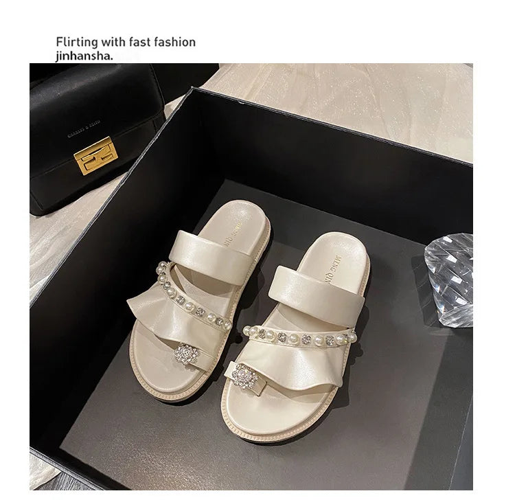 pearl rivets thick bottom women slippers crystal beading flip flops lace band platform sandalias mujer pearl slides big size 43