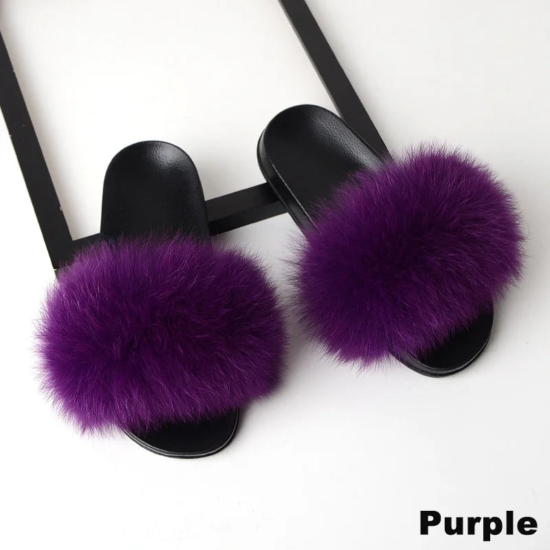 SARSALLYA Fur Slippers Women Real Fox Fur Slides Home Furry Flat Sandals Female Cute Fluffy House Shoes Woman Brand Luxury 2024