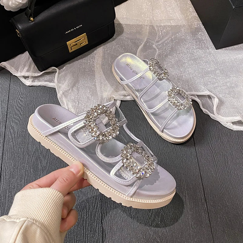 pearl rivets thick bottom women slippers crystal beading flip flops lace band platform sandalias mujer pearl slides big size 43