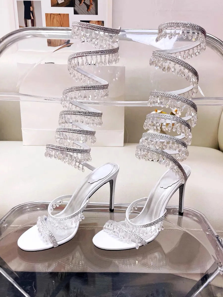 2025 Women's New Rhinestone Sandals Fashion Tassel Crystal Shoes Sexy Nightclub Banquet Party Twining Stiletto Women's Sandals