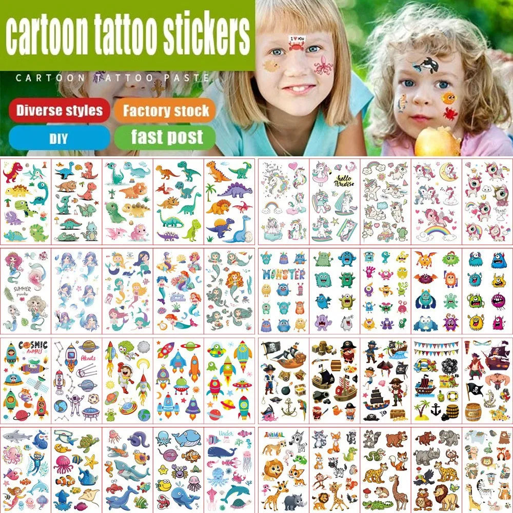 10Pcs/set Waterproof Kids DIY Cartoon Fake Tattoo Stickers Cute Unicorn Animals Car Dinosaur Fish Temporary Tattoo Stickers