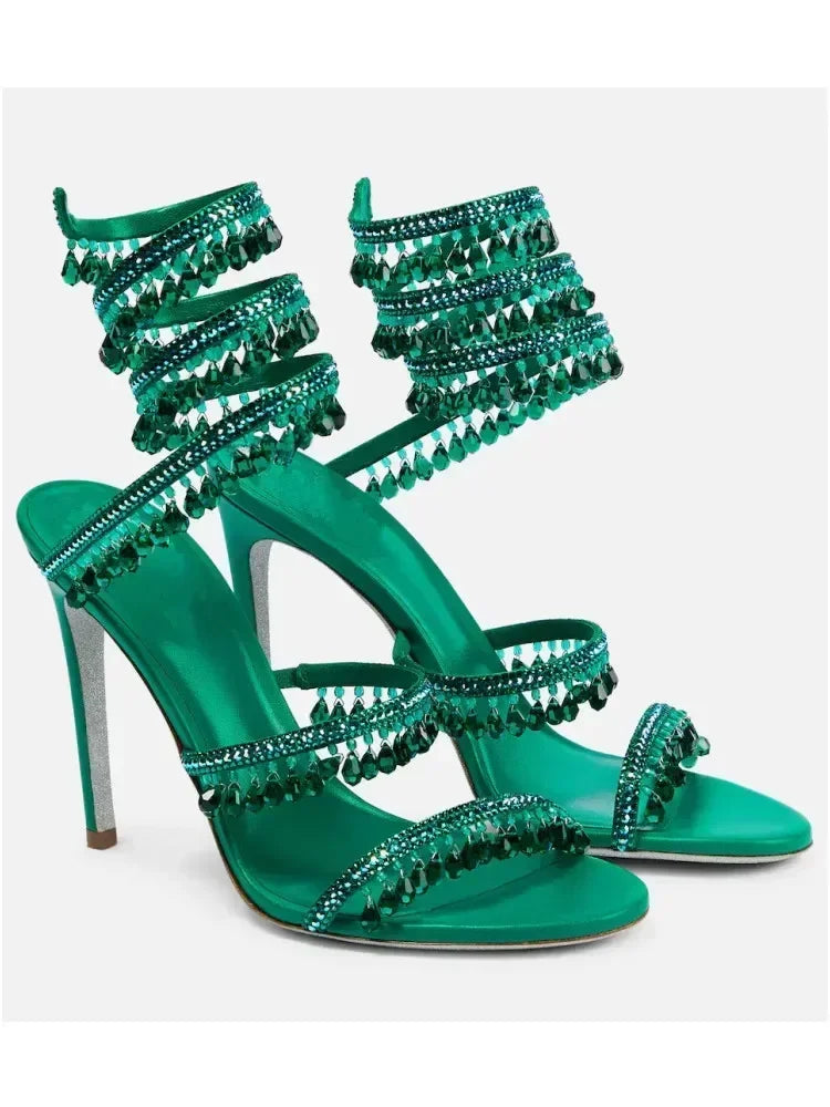2025 Women's New Rhinestone Sandals Fashion Tassel Crystal Shoes Sexy Nightclub Banquet Party Twining Stiletto Women's Sandals