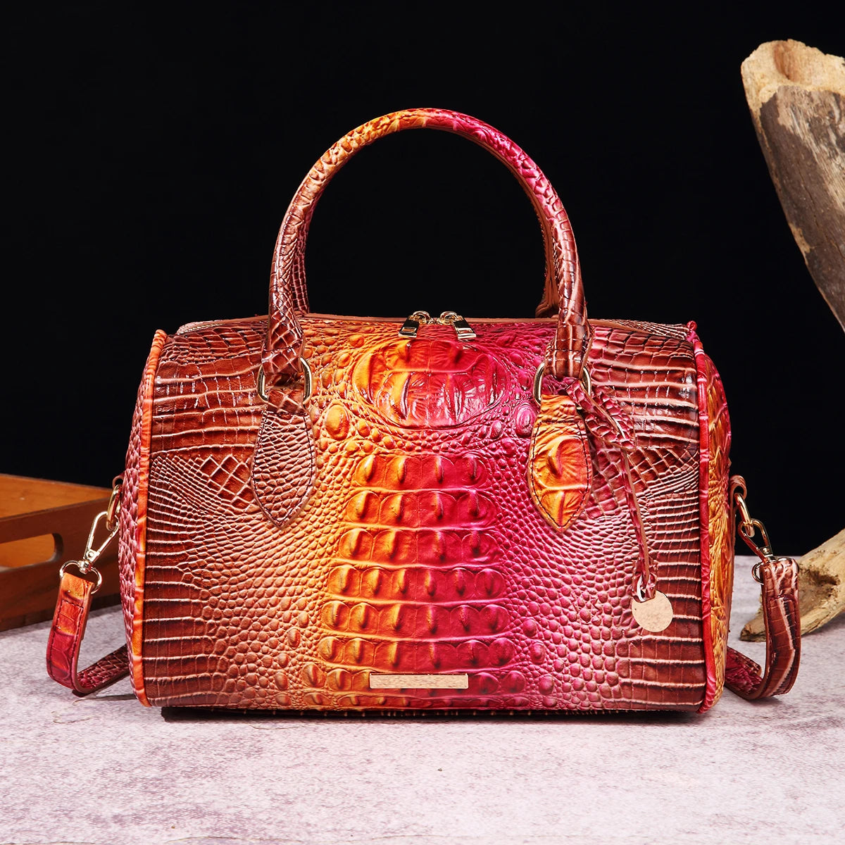 Ombre Crocodile Embossed Boston Handbag Classic Style Crossbody Bag Women's Leather Satchel Purse