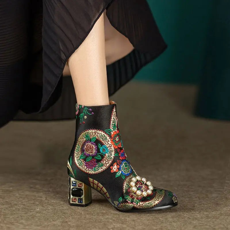 FHC New Chinese Style Women Ankle Boots,Fashion Embroidery Winter Shoes,High Heels Short Botas,Pointed Toe,Black,Yellow,Dropship