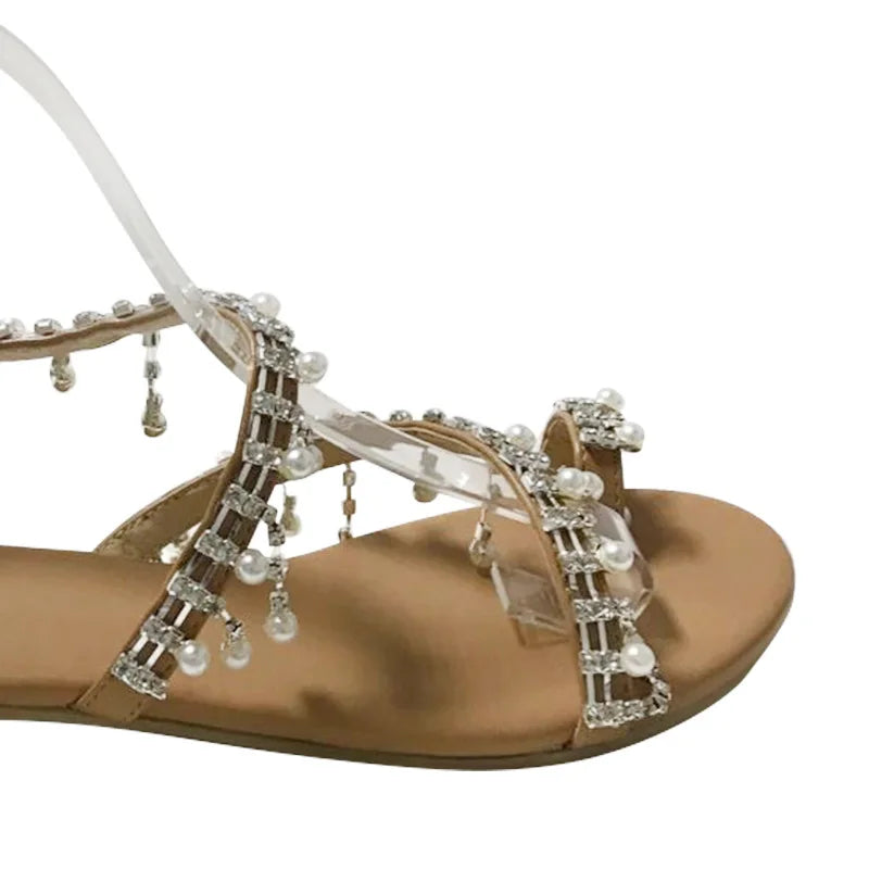1 Pair Women Beach Sandals Faux Pearl Tassels Flat Dressy Ankle Strap Open Toe Lightweight Women Casual Sandals Shoes