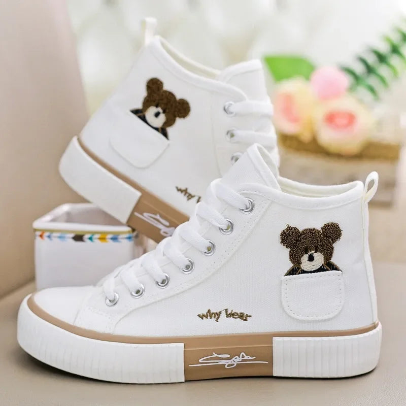 Comemore High-top Canvas Woman Vulcanized Shoes Flats Casual Espadrilles for Women Spring Lady Black White Bear Lace Up Sneakers