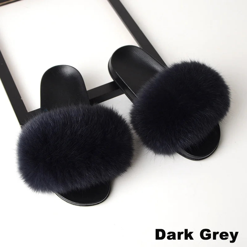 SARSALLYA Fur Slippers Women Real Fox Fur Slides Home Furry Flat Sandals Female Cute Fluffy House Shoes Woman Brand Luxury 2024
